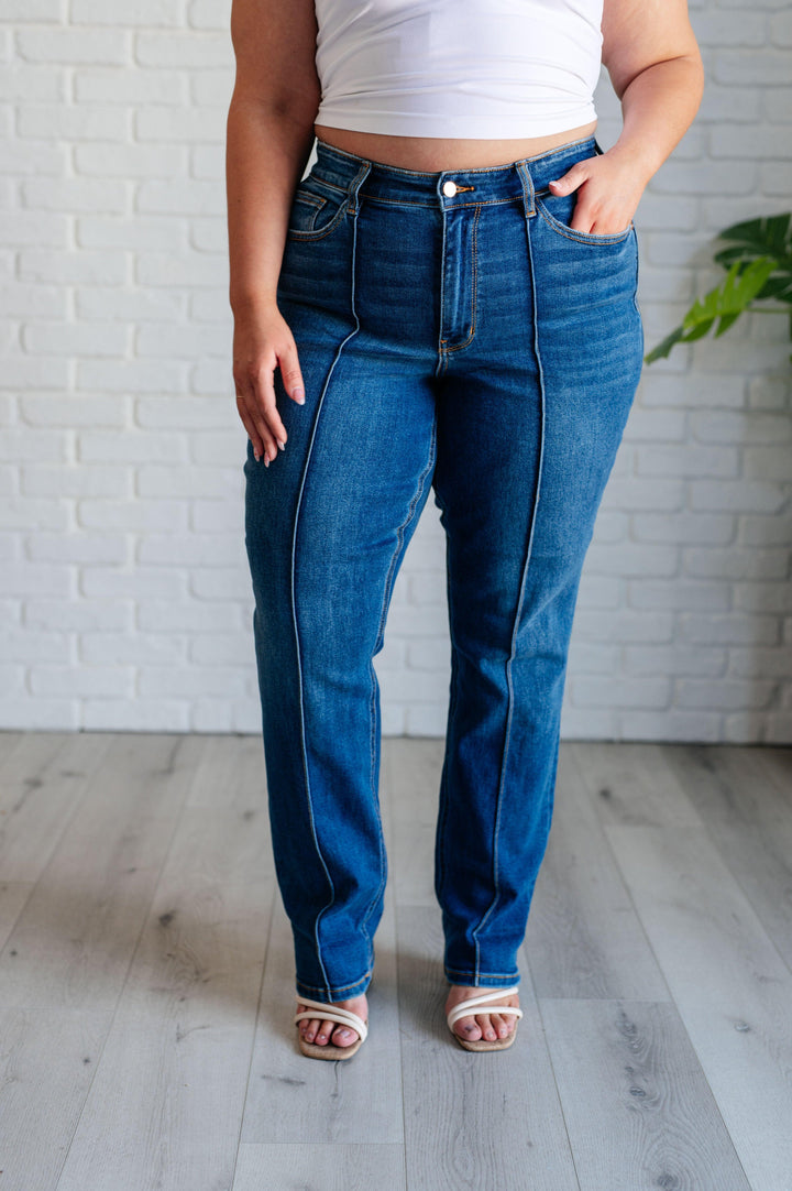 Campbell High Rise Center Seam Detail Straight Jeans - TheDesignChambersBoutique