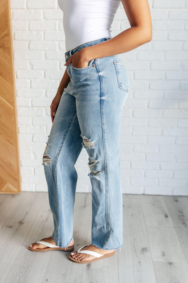 Ramona High Rise Rigid Magic Destroyed Straight Jeans - TheDesignChambersBoutique