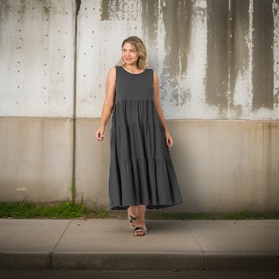 Plus Size Tiered Ruffle Dress in Charcoal
