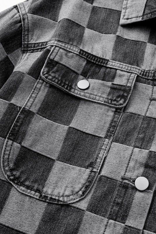 Checkered Patchwork Button Up Denim Jacket