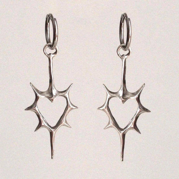 Gothic Thorns Heart Earrings in Silver - TheDesignChambersBoutique