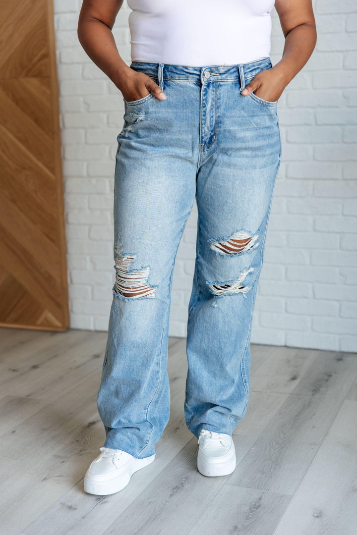 Ramona High Rise Rigid Magic Destroyed Straight Jeans - TheDesignChambersBoutique