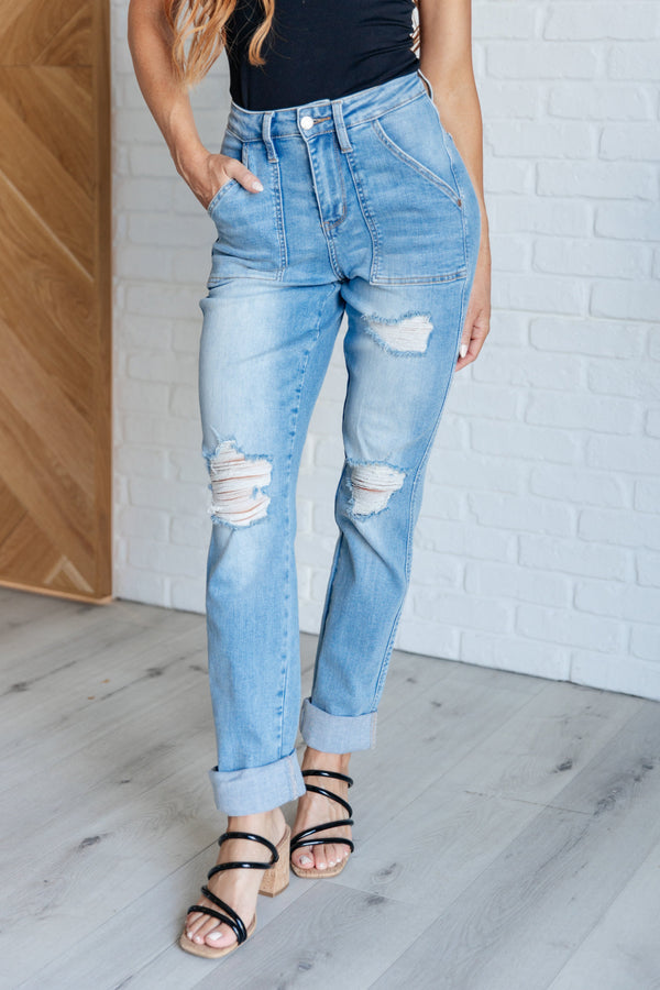 Aiden High Rise Patch Pocket Distressed Boyfriend Jeans - TheDesignChambersBoutique