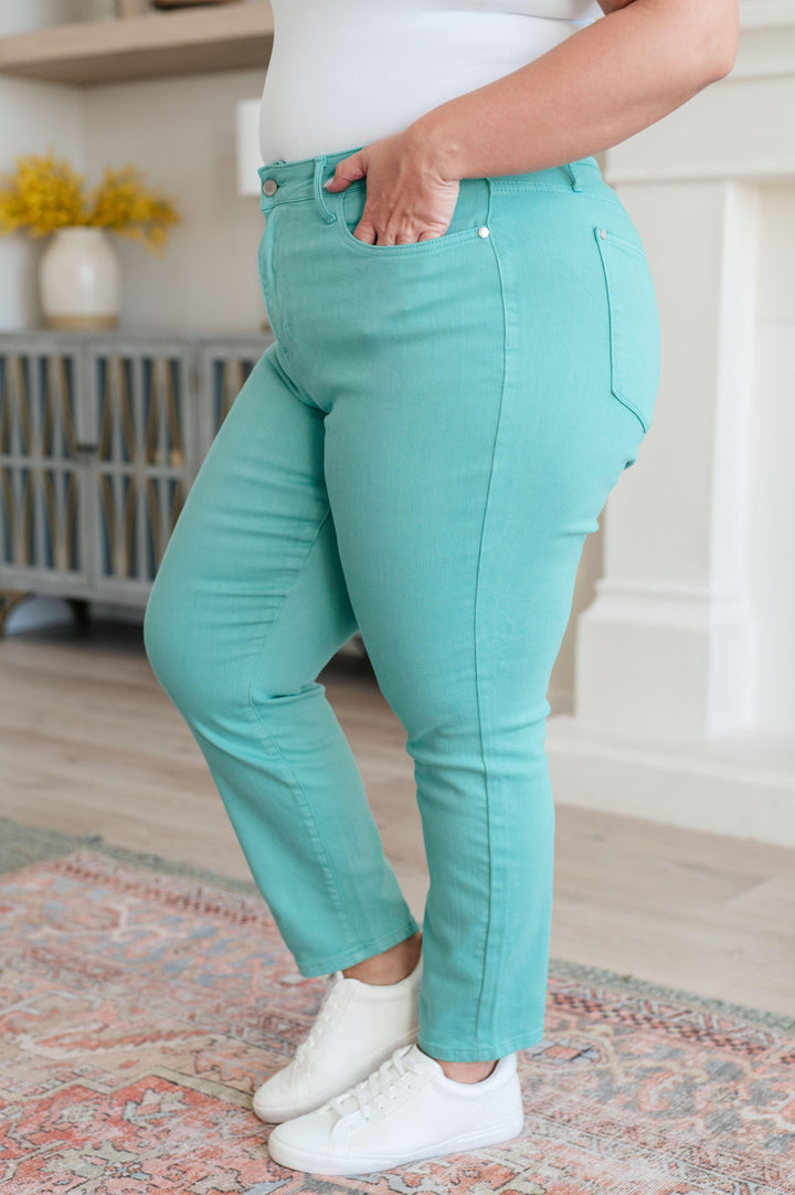 Bridgette High Rise Garment Dyed Slim Jeans in Aquamarine - TheDesignChambersBoutique