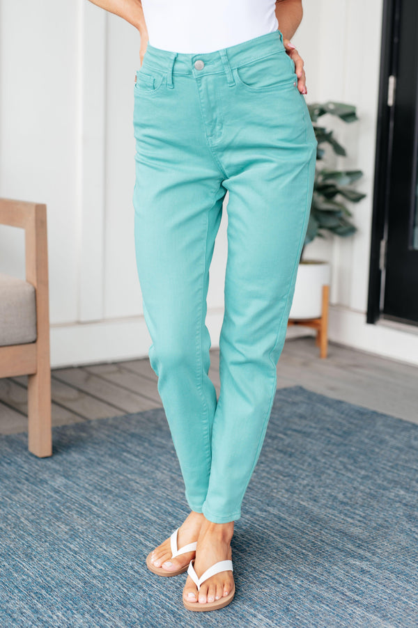 Bridgette High Rise Garment Dyed Slim Jeans in Aquamarine - TheDesignChambersBoutique