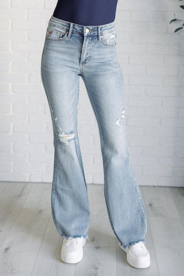 Caroline Mid Rise Control Top Distressed Flare Jeans - TheDesignChambersBoutique