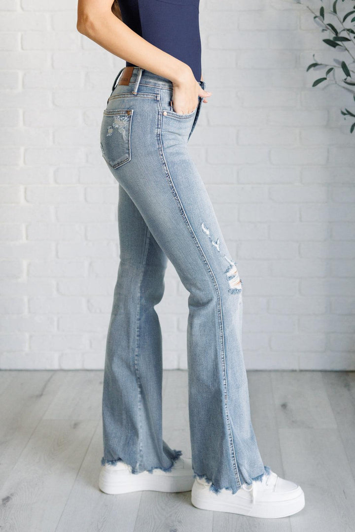 Caroline Mid Rise Control Top Distressed Flare Jeans - TheDesignChambersBoutique