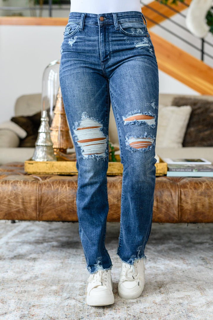 Christine High Contrast Slim Bootcut Destroyed Jeans - TheDesignChambersBoutique