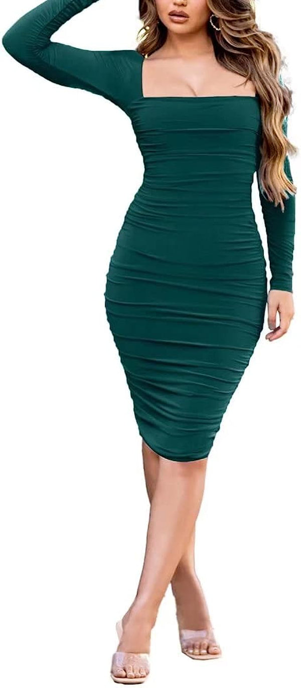 Emerald Green Ruched Bodycon Midi Dress with Long Sleeves