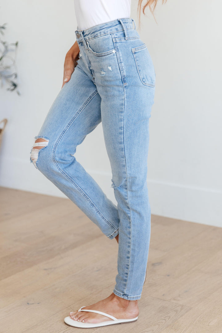 Eloise Mid Rise Control Top Distressed Skinny Jeans - TheDesignChambersBoutique