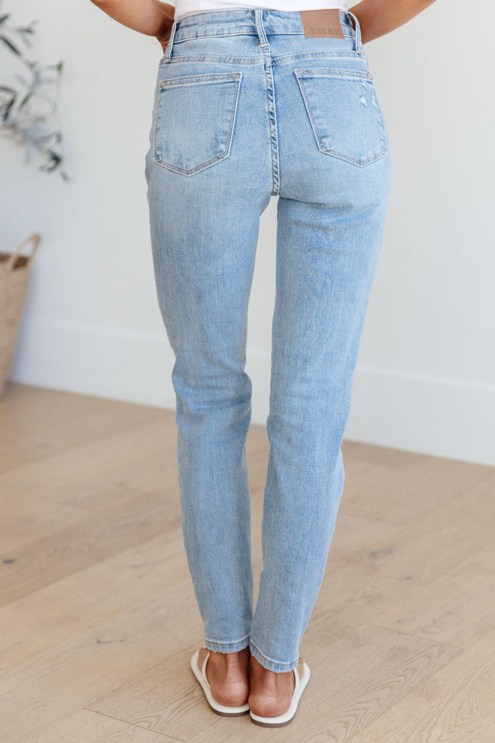 Eloise Mid Rise Control Top Distressed Skinny Jeans - TheDesignChambersBoutique