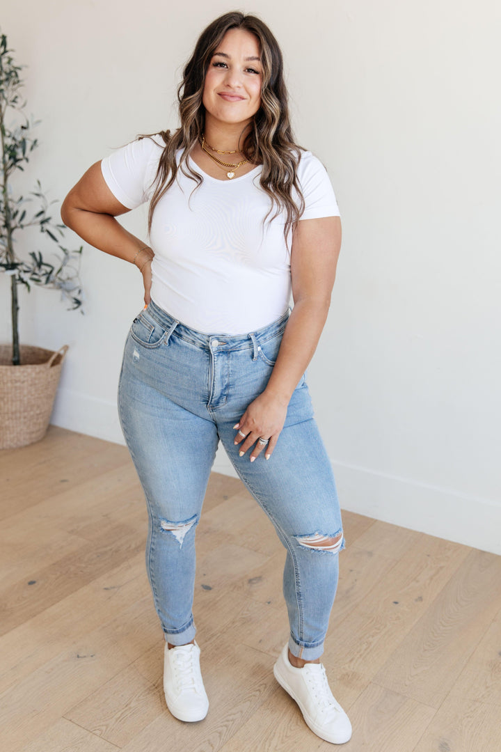 Eloise Mid Rise Control Top Distressed Skinny Jeans - TheDesignChambersBoutique