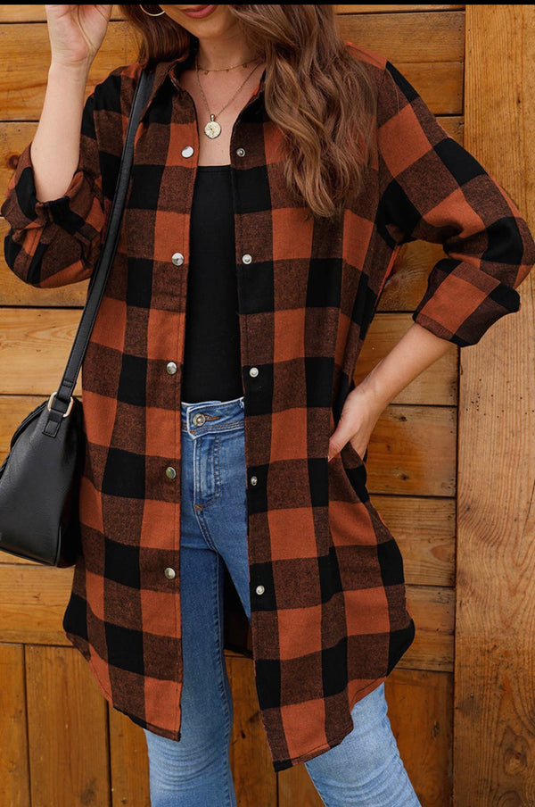 Longline Burnt Orange Buffalo Plaid Shacket or Dress