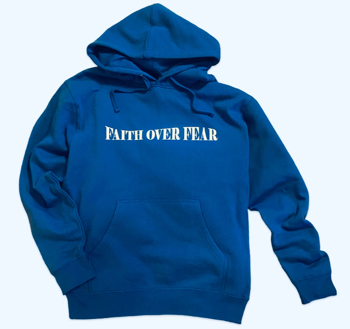 royal blue christian apparel hoodies with faith over fear design
