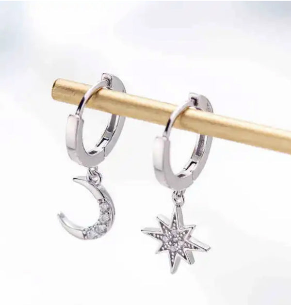 Silver CZ Celestial Huggie Hoop Earring Set - TheDesignChambersBoutique