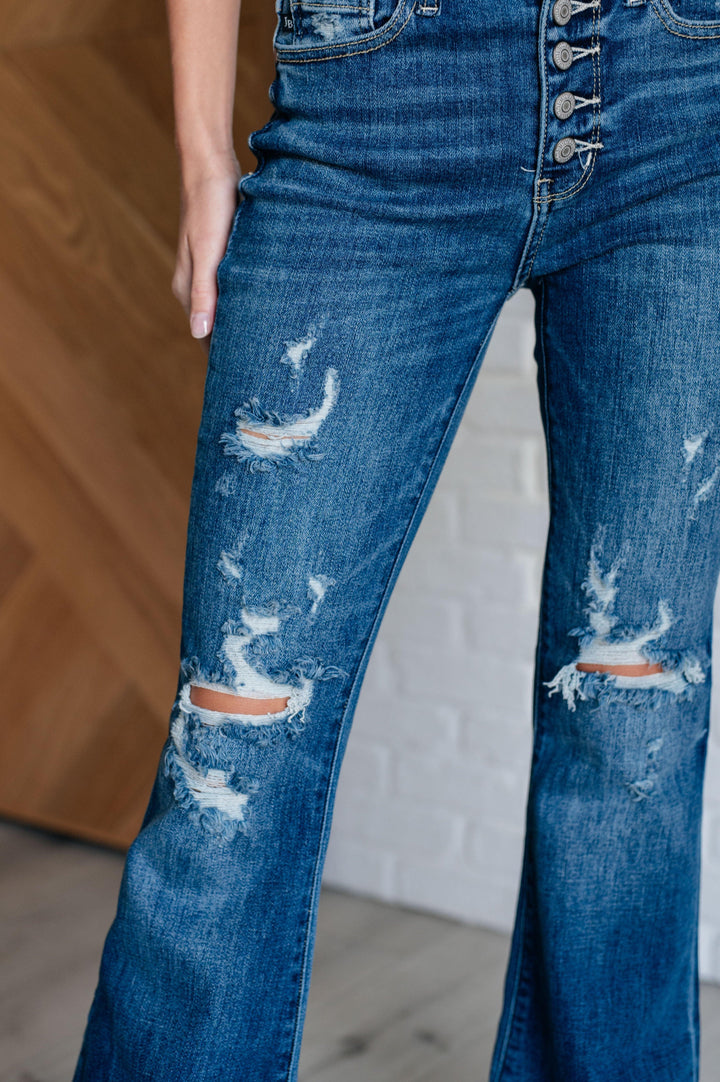 Gabriella Mid Rise Distressed Button Fly Flare Jeans - TheDesignChambersBoutique