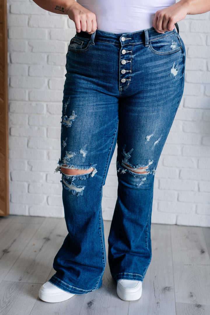 Gabriella Mid Rise Distressed Button Fly Flare Jeans - TheDesignChambersBoutique