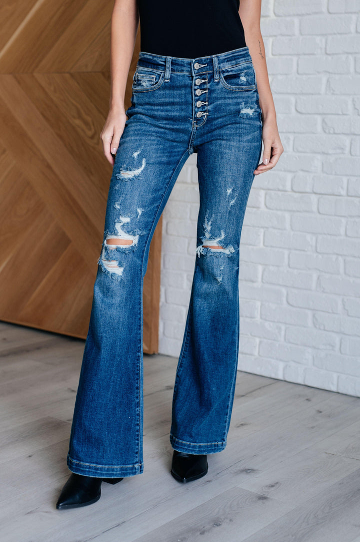 Gabriella Mid Rise Distressed Button Fly Flare Jeans - TheDesignChambersBoutique