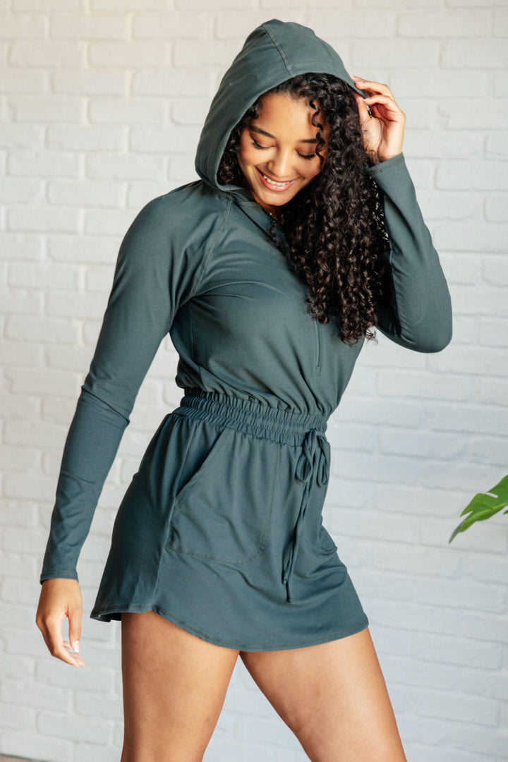 Getting Out Long Sleeve Hoodie Romper in Smoked Spruce - TheDesignChambersBoutique