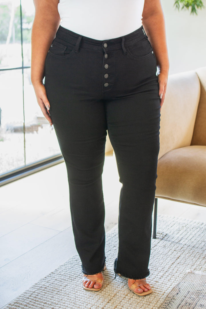 Harriet High Rise Button Fly Bootcut Jeans in Black - TheDesignChambersBoutique