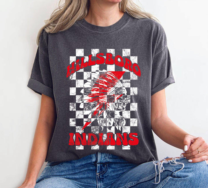 Hillsboro Indians Comfort Colors Groovy Checker Lightening Bolt Graphic Tee - TheDesignChambersBoutique