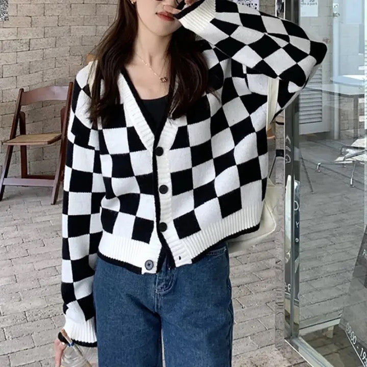 Black and white checkered cardigan sweater