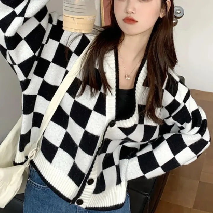 Black and white checkerboard cardigan