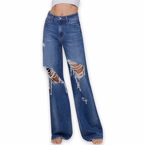 Lindsey Destroyed 90's Wide Leg Dark Wash Jeans