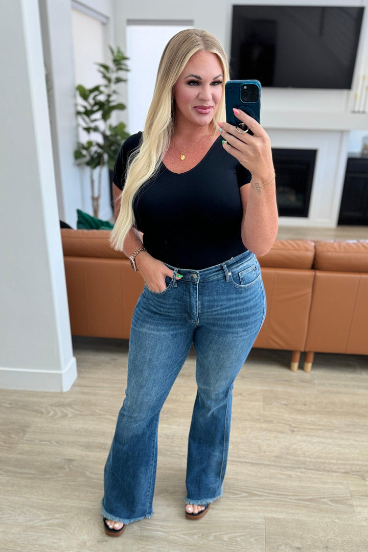 Miley High Waist Control Top Frayed Hem Flare Jeans - TheDesignChambersBoutique