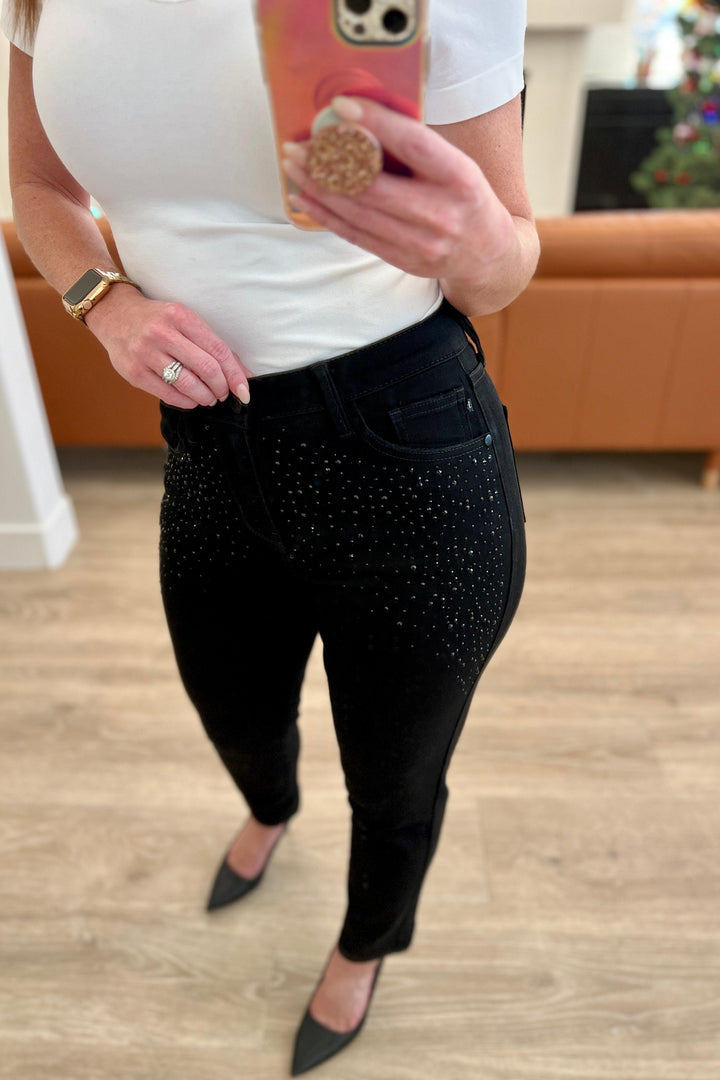 Reese Rhinestone Slim Fit Jeans in Black - TheDesignChambersBoutique