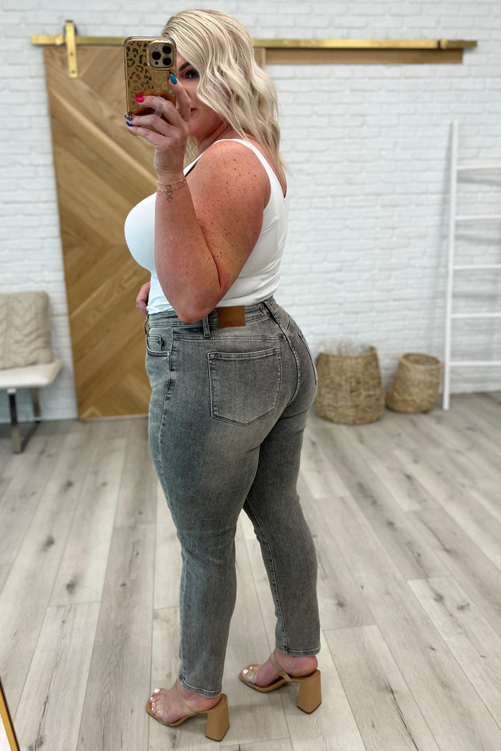 Charlotte High Rise Stone Wash Slim Jeans in Gray - TheDesignChambersBoutique