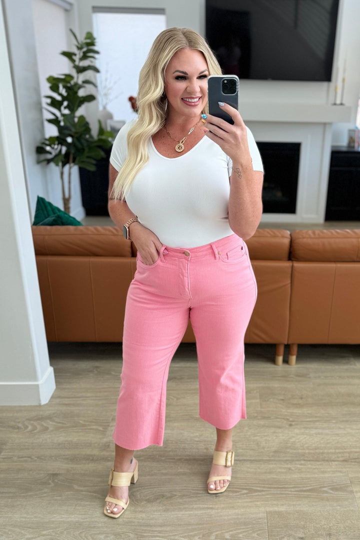 Lisa High Rise Control Top Wide Leg Crop Jeans in Pink - TheDesignChambersBoutique