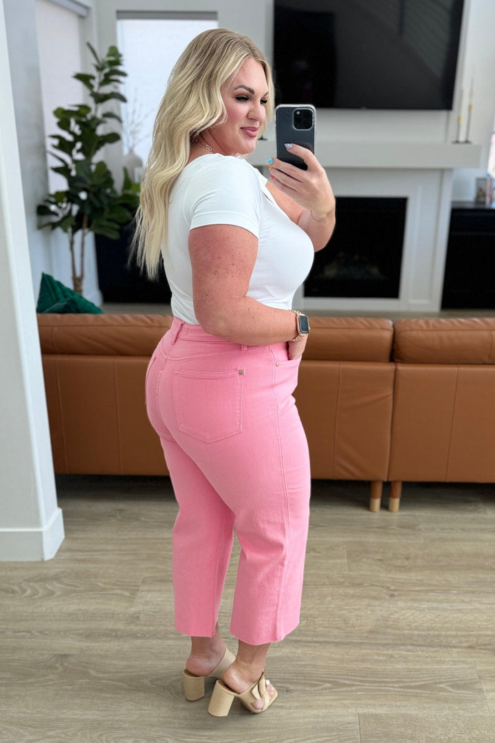 Lisa High Rise Control Top Wide Leg Crop Jeans in Pink - TheDesignChambersBoutique