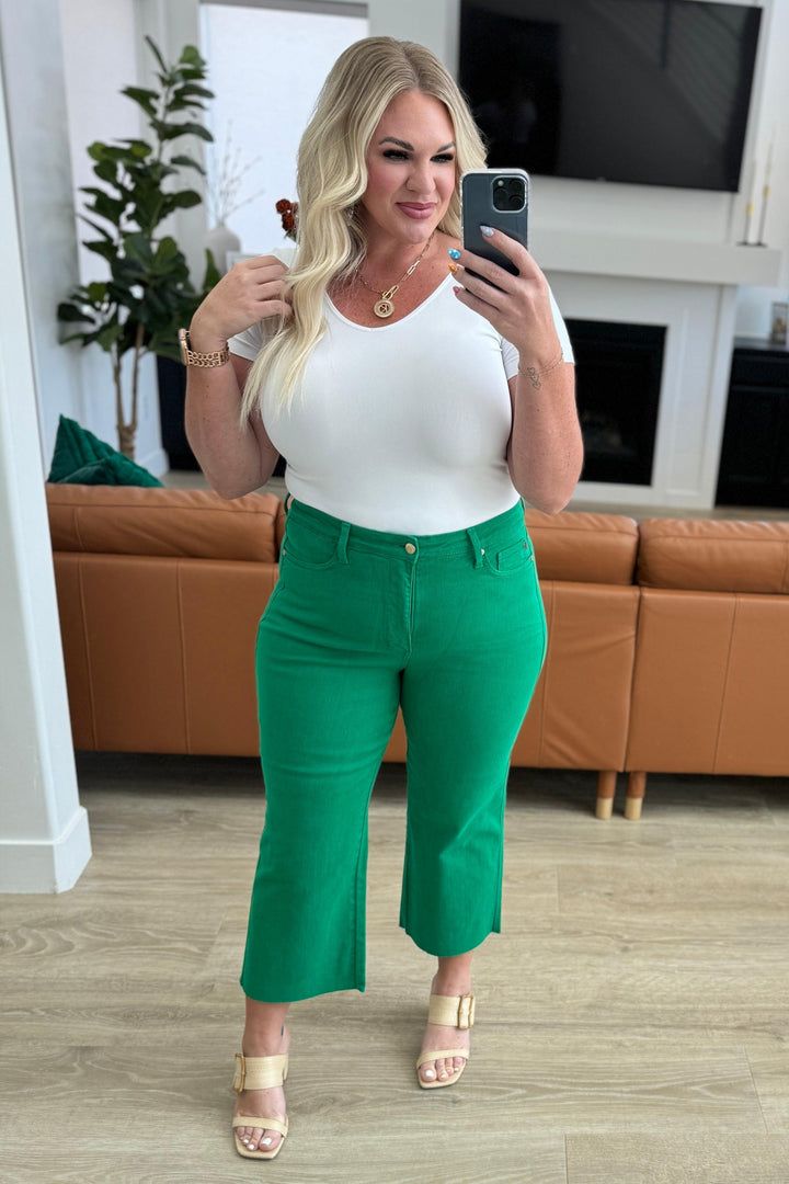 Lisa High Rise Control Top Wide Leg Crop Jeans in Kelly Green - TheDesignChambersBoutique