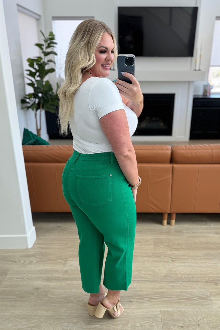 Lisa High Rise Control Top Wide Leg Crop Jeans in Kelly Green - TheDesignChambersBoutique