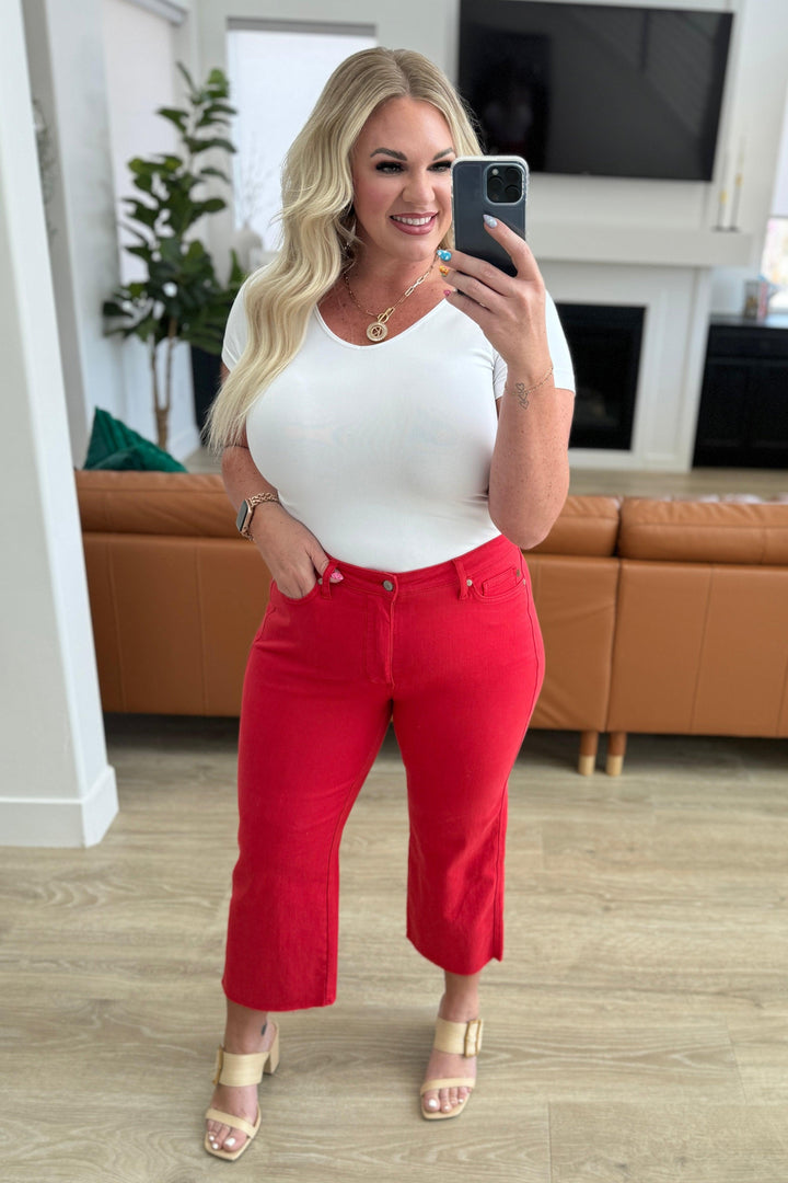 Lisa High Rise Control Top Wide Leg Crop Jeans in Red - TheDesignChambersBoutique