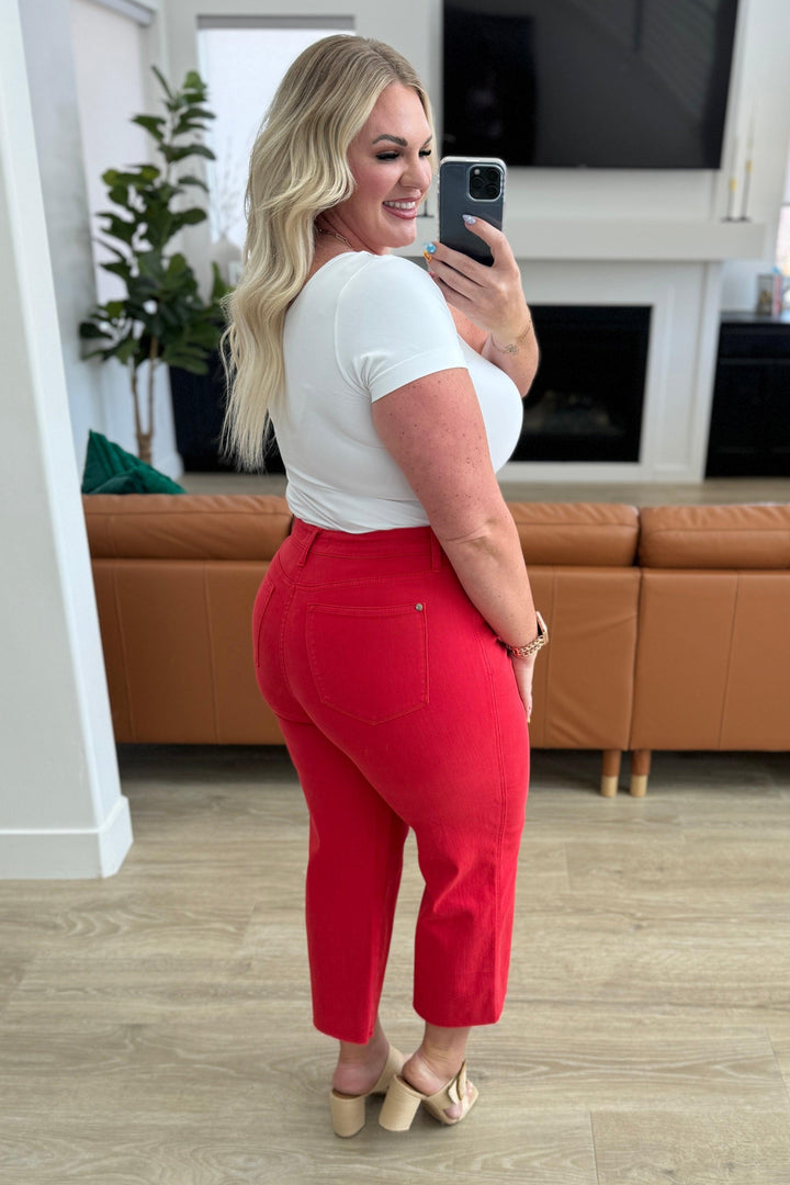 Lisa High Rise Control Top Wide Leg Crop Jeans in Red - TheDesignChambersBoutique