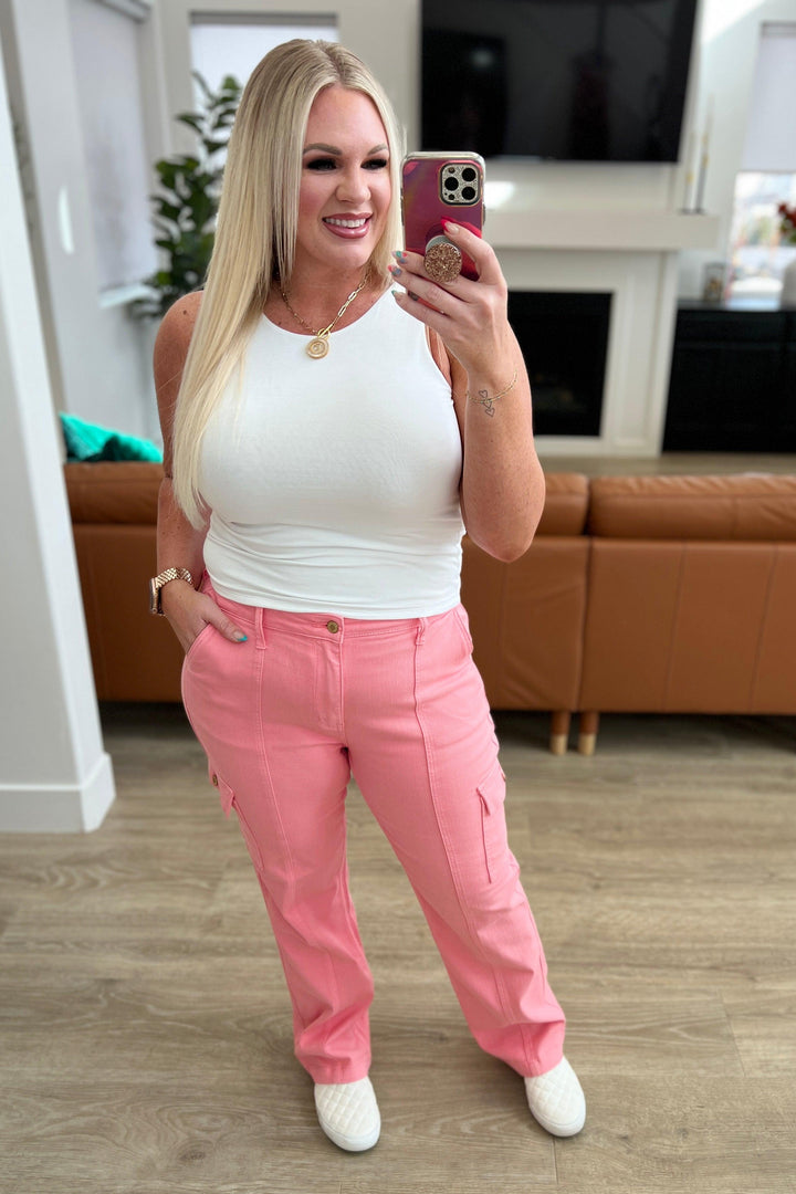 Peggy High Rise Cargo Straight Jeans in Pink - TheDesignChambersBoutique