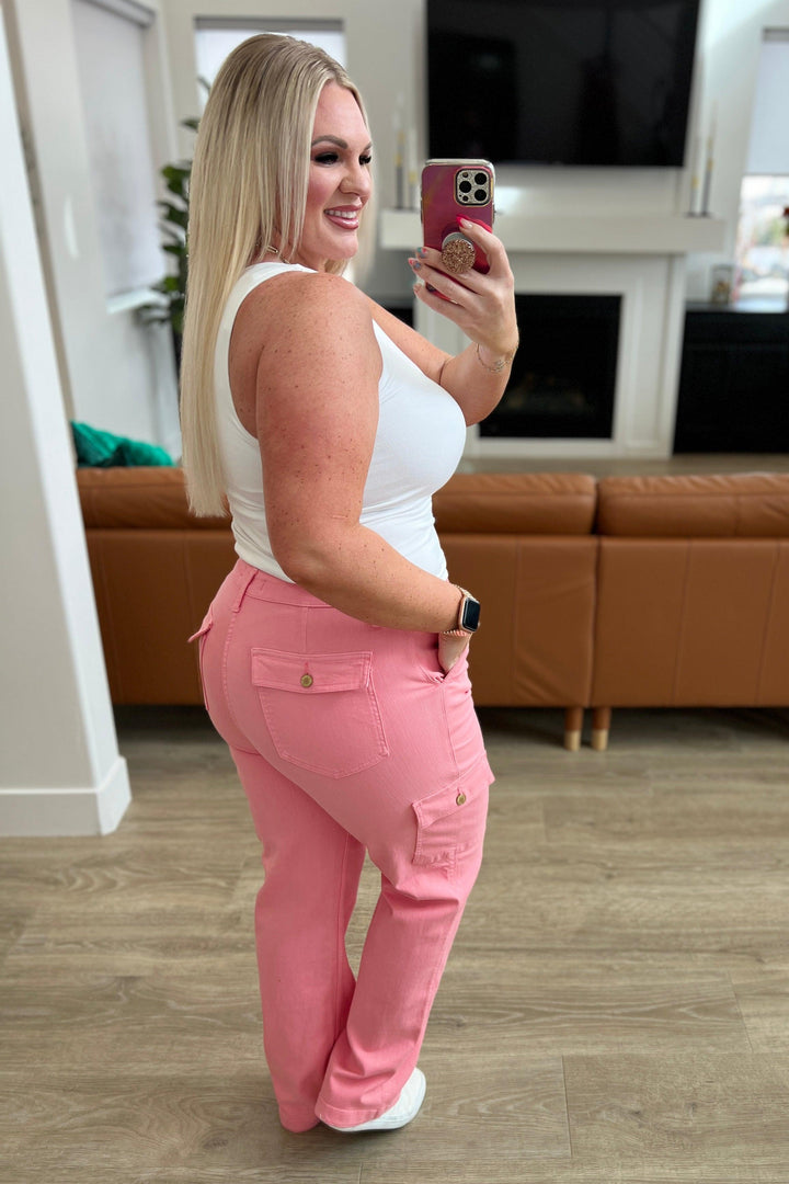 Peggy High Rise Cargo Straight Jeans in Pink - TheDesignChambersBoutique