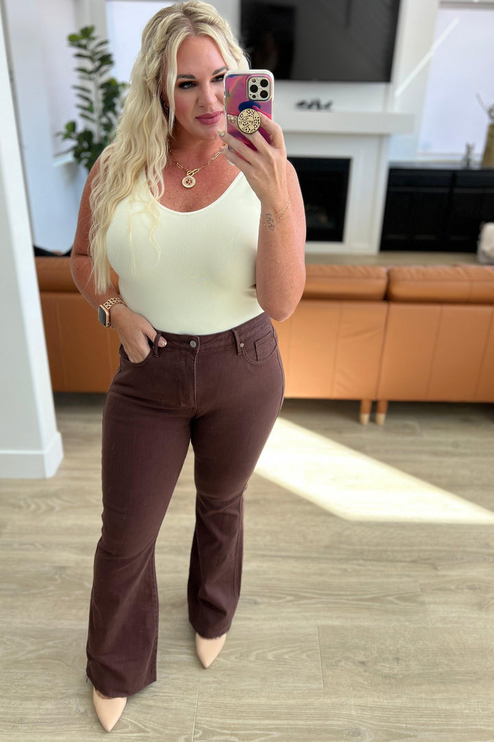 Sienna High Rise Control Top Flare Jeans in Espresso - TheDesignChambersBoutique