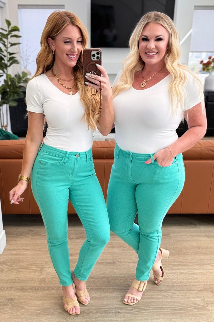 Bridgette High Rise Garment Dyed Slim Jeans in Aquamarine - TheDesignChambersBoutique