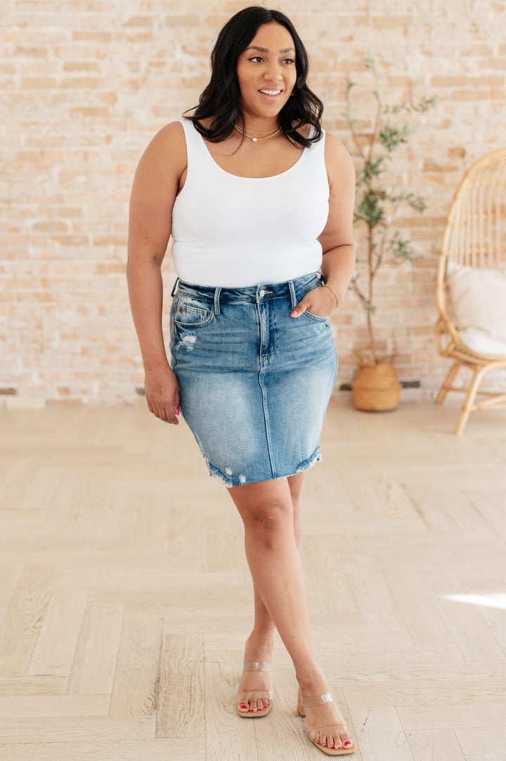 Carol High Rise Rigid Magic Denim Skirt - TheDesignChambersBoutique