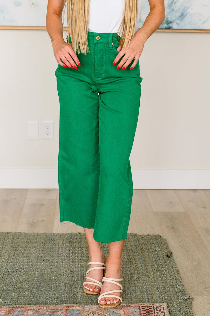 Lisa High Rise Control Top Wide Leg Crop Jeans in Kelly Green - TheDesignChambersBoutique