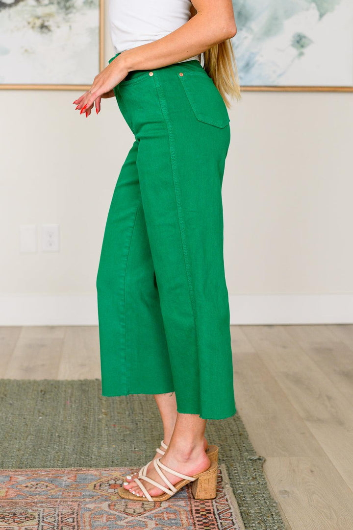 Lisa High Rise Control Top Wide Leg Crop Jeans in Kelly Green - TheDesignChambersBoutique