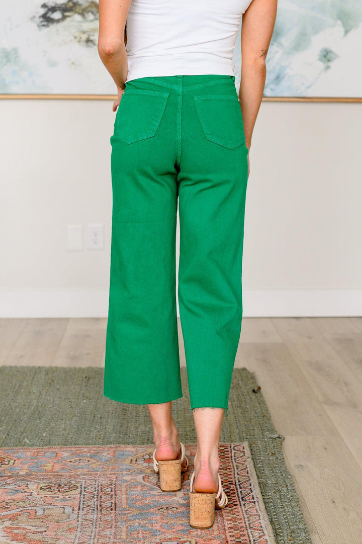 Lisa High Rise Control Top Wide Leg Crop Jeans in Kelly Green - TheDesignChambersBoutique