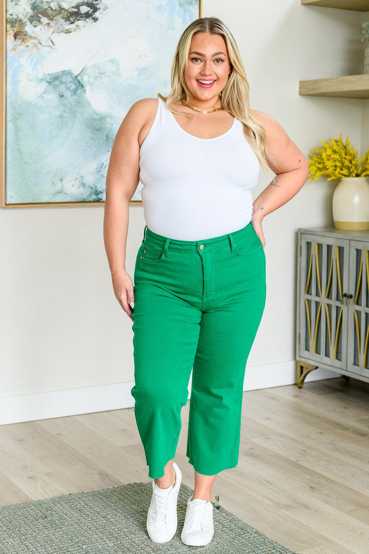 Lisa High Rise Control Top Wide Leg Crop Jeans in Kelly Green - TheDesignChambersBoutique