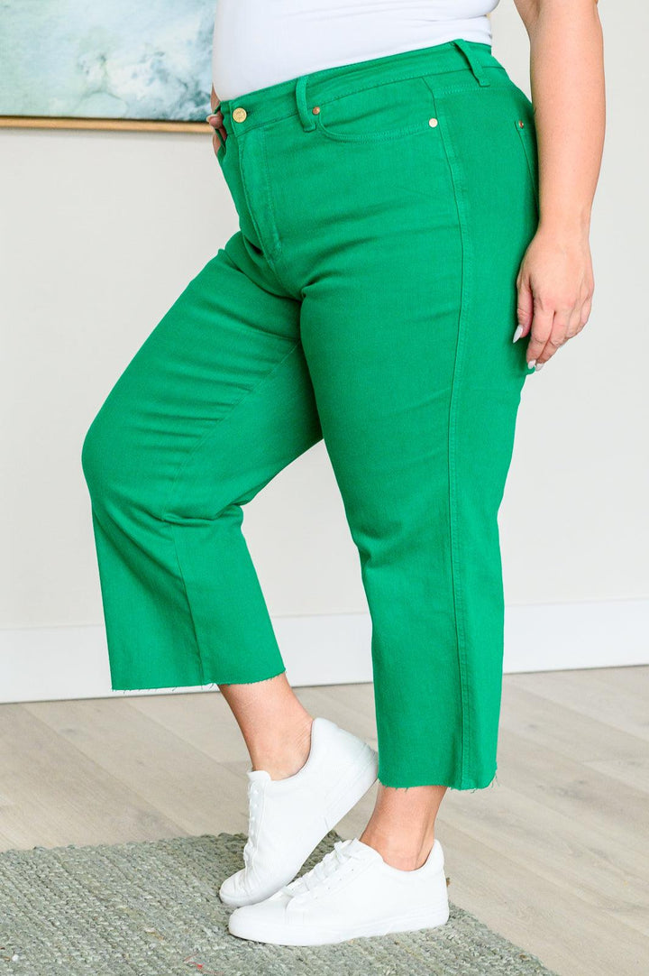 Lisa High Rise Control Top Wide Leg Crop Jeans in Kelly Green - TheDesignChambersBoutique