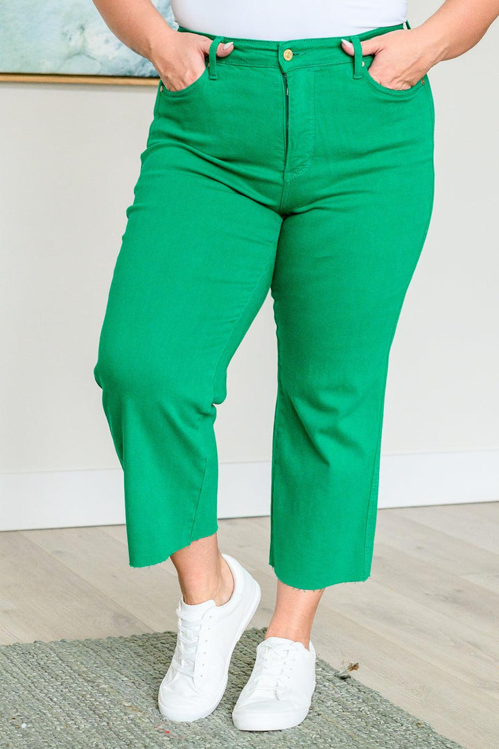 Lisa High Rise Control Top Wide Leg Crop Jeans in Kelly Green - TheDesignChambersBoutique