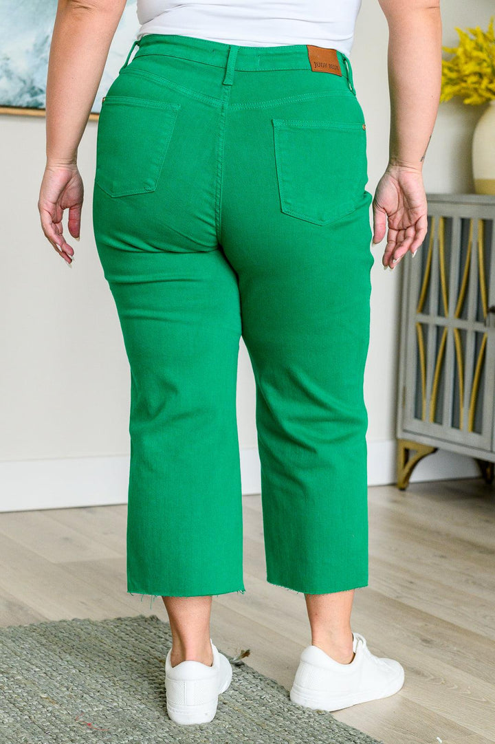 Lisa High Rise Control Top Wide Leg Crop Jeans in Kelly Green - TheDesignChambersBoutique