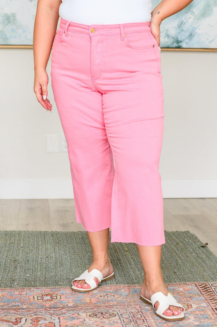 Lisa High Rise Control Top Wide Leg Crop Jeans in Pink - TheDesignChambersBoutique